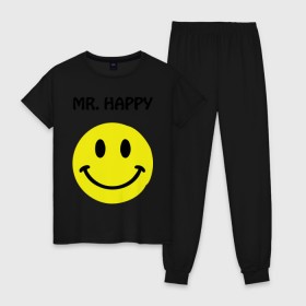 Женская пижама хлопок с принтом мистер счастье в Новосибирске, 100% хлопок | брюки и футболка прямого кроя, без карманов, на брюках мягкая резинка на поясе и по низу штанин | happy | mr. happy | smile | мистер хэппи | рожица | смайл | смайлик | счастье