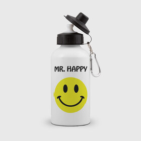 Бутылка спортивная с принтом мистер счастье в Новосибирске, металл | емкость — 500 мл, в комплекте две пластиковые крышки и карабин для крепления | Тематика изображения на принте: happy | mr. happy | smile | мистер хэппи | рожица | смайл | смайлик | счастье
