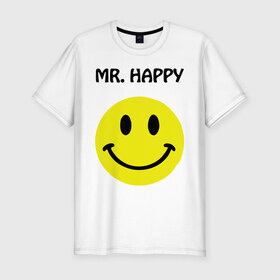 Мужская футболка премиум с принтом мистер счастье в Новосибирске, 92% хлопок, 8% лайкра | приталенный силуэт, круглый вырез ворота, длина до линии бедра, короткий рукав | happy | mr. happy | smile | мистер хэппи | рожица | смайл | смайлик | счастье