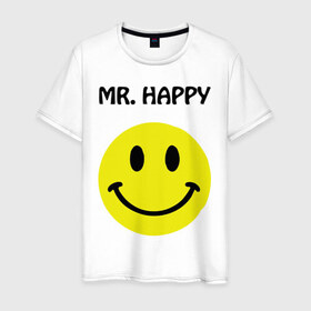 Мужская футболка хлопок с принтом мистер счастье в Новосибирске, 100% хлопок | прямой крой, круглый вырез горловины, длина до линии бедер, слегка спущенное плечо. | happy | mr. happy | smile | мистер хэппи | рожица | смайл | смайлик | счастье