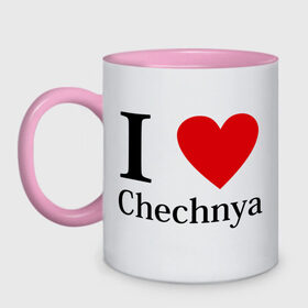 Кружка двухцветная с принтом i love chechnya в Новосибирске, керамика | объем — 330 мл, диаметр — 80 мм. Цветная ручка и кайма сверху, в некоторых цветах — вся внутренняя часть | регионы | чеченская республика | чеченцы | чечня | я люблю | я люблю чечню