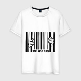 Мужская футболка хлопок с принтом штрих код тюрьма в Новосибирске, 100% хлопок | прямой крой, круглый вырез горловины, длина до линии бедер, слегка спущенное плечо. | руки штрих код | штрих код