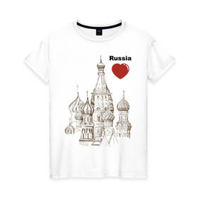 Женская футболка хлопок с принтом Люблю Россию (Кремль) в Новосибирске, 100% хлопок | прямой крой, круглый вырез горловины, длина до линии бедер, слегка спущенное плечо | moscow | russia | государство | москва | патриот | родина | россия | страна | я русский
