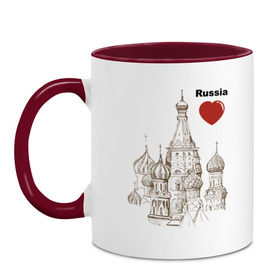 Кружка двухцветная с принтом Люблю Россию (Кремль) в Новосибирске, керамика | объем — 330 мл, диаметр — 80 мм. Цветная ручка и кайма сверху, в некоторых цветах — вся внутренняя часть | moscow | russia | государство | москва | патриот | родина | россия | страна | я русский