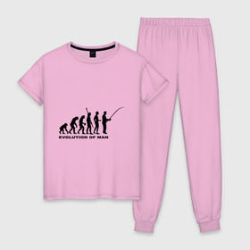 Женская пижама хлопок с принтом Рыбак. Эволюция в Новосибирске, 100% хлопок | брюки и футболка прямого кроя, без карманов, на брюках мягкая резинка на поясе и по низу штанин | рыба | рыбак | рыбалка | удочка | эволюция