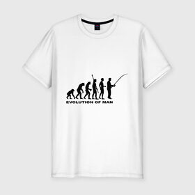 Мужская футболка премиум с принтом Рыбак. Эволюция в Новосибирске, 92% хлопок, 8% лайкра | приталенный силуэт, круглый вырез ворота, длина до линии бедра, короткий рукав | рыба | рыбак | рыбалка | удочка | эволюция