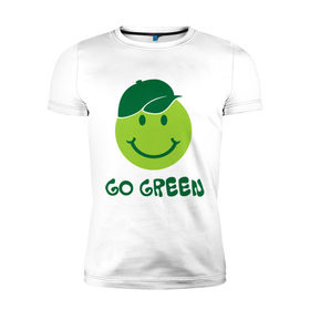 Мужская футболка премиум с принтом Грин смайл в Новосибирске, 92% хлопок, 8% лайкра | приталенный силуэт, круглый вырез ворота, длина до линии бедра, короткий рукав | Тематика изображения на принте: eco | go green | green | зеленые технологии | зелень | планета | смайл | смайлик | чистота | эко | экология