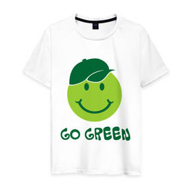 Мужская футболка хлопок с принтом Грин смайл в Новосибирске, 100% хлопок | прямой крой, круглый вырез горловины, длина до линии бедер, слегка спущенное плечо. | eco | go green | green | зеленые технологии | зелень | планета | смайл | смайлик | чистота | эко | экология