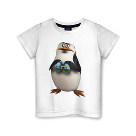 Детская футболка хлопок с принтом Пингвин с биноклем в Новосибирске, 100% хлопок | круглый вырез горловины, полуприлегающий силуэт, длина до линии бедер | Тематика изображения на принте: пингвин