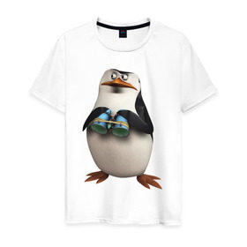 Мужская футболка хлопок с принтом Пингвин с биноклем в Новосибирске, 100% хлопок | прямой крой, круглый вырез горловины, длина до линии бедер, слегка спущенное плечо. | Тематика изображения на принте: пингвин