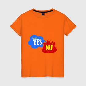 Женская футболка хлопок с принтом Yes, No в Новосибирске, 100% хлопок | прямой крой, круглый вырез горловины, длина до линии бедер, слегка спущенное плечо | да | нет
