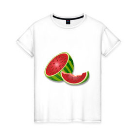 Женская футболка хлопок с принтом арбузик в Новосибирске, 100% хлопок | прямой крой, круглый вырез горловины, длина до линии бедер, слегка спущенное плечо | арбуз | арбузная долька | вкусное | девушкам | фрукты | фрукты и ягоды