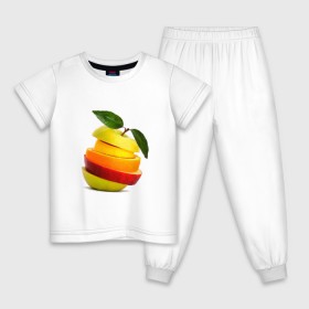 Детская пижама хлопок с принтом мега яблоко в Новосибирске, 100% хлопок |  брюки и футболка прямого кроя, без карманов, на брюках мягкая резинка на поясе и по низу штанин
 | Тематика изображения на принте: апельсин | брызги | вода | лимон | фрукты | яблоко