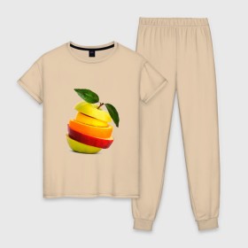 Женская пижама хлопок с принтом мега яблоко в Новосибирске, 100% хлопок | брюки и футболка прямого кроя, без карманов, на брюках мягкая резинка на поясе и по низу штанин | апельсин | брызги | вода | лимон | фрукты | яблоко
