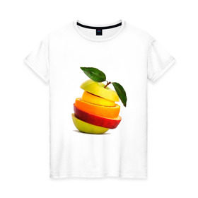 Женская футболка хлопок с принтом мега яблоко в Новосибирске, 100% хлопок | прямой крой, круглый вырез горловины, длина до линии бедер, слегка спущенное плечо | Тематика изображения на принте: апельсин | брызги | вода | лимон | фрукты | яблоко