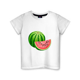 Детская футболка хлопок с принтом Арбуз и долька в Новосибирске, 100% хлопок | круглый вырез горловины, полуприлегающий силуэт, длина до линии бедер | арбуз | вкусное | девушкам | долька | фрукты | фрукты и ягоды