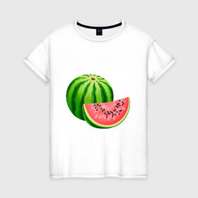 Женская футболка хлопок с принтом Арбуз и долька в Новосибирске, 100% хлопок | прямой крой, круглый вырез горловины, длина до линии бедер, слегка спущенное плечо | арбуз | вкусное | девушкам | долька | фрукты | фрукты и ягоды