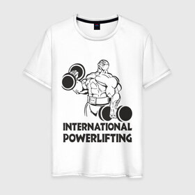 Мужская футболка хлопок с принтом International Powerlifting в Новосибирске, 100% хлопок | прямой крой, круглый вырез горловины, длина до линии бедер, слегка спущенное плечо. | Тематика изображения на принте: 