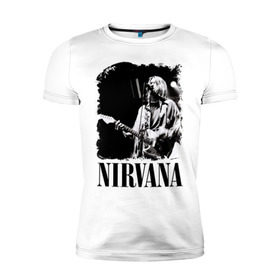 Мужская футболка премиум с принтом nirvana kurt cobain в Новосибирске, 92% хлопок, 8% лайкра | приталенный силуэт, круглый вырез ворота, длина до линии бедра, короткий рукав | kurt cobain | nirvana | nirvana kurt cobain | кумиры | курт кобейн | легенд | нирвана | певцы | портреты