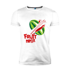 Мужская футболка премиум с принтом Fruit Ninja в Новосибирске, 92% хлопок, 8% лайкра | приталенный силуэт, круглый вырез ворота, длина до линии бедра, короткий рукав | fruit ninja | арбуз | игры | ниндзя | разное | фрукт