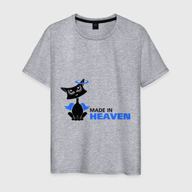 Мужская футболка хлопок с принтом Made in heaven. Кот в Новосибирске, 100% хлопок | прямой крой, круглый вырез горловины, длина до линии бедер, слегка спущенное плечо. | made in heaven | кот | кошка | кошки | прикольные картинки | сделана в раю