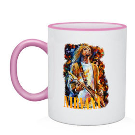 Кружка двухцветная с принтом Nirvana Kurt Cobain в Новосибирске, керамика | объем — 330 мл, диаметр — 80 мм. Цветная ручка и кайма сверху, в некоторых цветах — вся внутренняя часть | Тематика изображения на принте: kurt cobain | nirvana | курт кобейн | нирвана