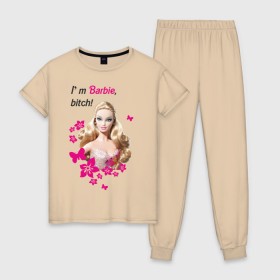 Женская пижама хлопок с принтом I\m Barbie, bitch в Новосибирске, 100% хлопок | брюки и футболка прямого кроя, без карманов, на брюках мягкая резинка на поясе и по низу штанин | Тематика изображения на принте: 90 | 90 е | barbie | барби | кукла | ностальгия