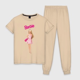 Женская пижама хлопок с принтом Барби на прогулке в Новосибирске, 100% хлопок | брюки и футболка прямого кроя, без карманов, на брюках мягкая резинка на поясе и по низу штанин | Тематика изображения на принте: 90 | 90 е | barbie | барби | ностальгия