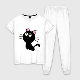 Женская пижама хлопок с принтом Маленький котенок в Новосибирске, 100% хлопок | брюки и футболка прямого кроя, без карманов, на брюках мягкая резинка на поясе и по низу штанин | киса | котенок | котик | кошка | черная кошка | черный кот