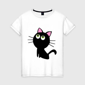 Женская футболка хлопок с принтом Маленький котенок в Новосибирске, 100% хлопок | прямой крой, круглый вырез горловины, длина до линии бедер, слегка спущенное плечо | киса | котенок | котик | кошка | черная кошка | черный кот