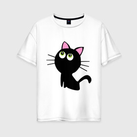 Женская футболка хлопок Oversize с принтом Маленький котенок в Новосибирске, 100% хлопок | свободный крой, круглый ворот, спущенный рукав, длина до линии бедер
 | киса | котенок | котик | кошка | черная кошка | черный кот