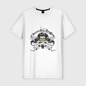 Мужская футболка премиум с принтом Cheerful Roger в Новосибирске, 92% хлопок, 8% лайкра | приталенный силуэт, круглый вырез ворота, длина до линии бедра, короткий рукав | Тематика изображения на принте: cheerful roger | веселый роджер | пиратская метка | пиратский череп | череп