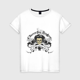 Женская футболка хлопок с принтом Cheerful Roger в Новосибирске, 100% хлопок | прямой крой, круглый вырез горловины, длина до линии бедер, слегка спущенное плечо | Тематика изображения на принте: cheerful roger | веселый роджер | пиратская метка | пиратский череп | череп