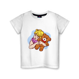 Детская футболка хлопок с принтом Девочка и медведь в Новосибирске, 100% хлопок | круглый вырез горловины, полуприлегающий силуэт, длина до линии бедер | детские | для ребенка | дочка | игрушка | медведь | медвежонок | мишка | мишутка