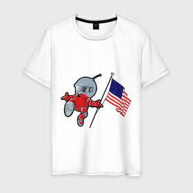 Мужская футболка хлопок с принтом космонавт в Новосибирске, 100% хлопок | прямой крой, круглый вырез горловины, длина до линии бедер, слегка спущенное плечо. | американский флаг | космонавт | космос | марс | марсоход | прикольные картинки | флаг