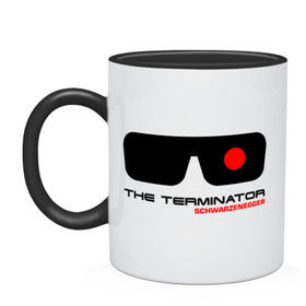 Кружка двухцветная с принтом The Terminator в Новосибирске, керамика | объем — 330 мл, диаметр — 80 мм. Цветная ручка и кайма сверху, в некоторых цветах — вся внутренняя часть | Тематика изображения на принте: terminator | очки терминатор | терминатор | шварценеггер | шварцнеггер