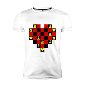 Мужская футболка премиум с принтом Шахматное сердце в Новосибирске, 92% хлопок, 8% лайкра | приталенный силуэт, круглый вырез ворота, длина до линии бедра, короткий рукав | chess | i love chess | сердце | шахматы | я люблю шахматы