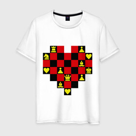 Мужская футболка хлопок с принтом Шахматное сердце в Новосибирске, 100% хлопок | прямой крой, круглый вырез горловины, длина до линии бедер, слегка спущенное плечо. | chess | i love chess | сердце | шахматы | я люблю шахматы