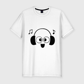 Мужская футболка премиум с принтом Смайл в наушниках в Новосибирске, 92% хлопок, 8% лайкра | приталенный силуэт, круглый вырез ворота, длина до линии бедра, короткий рукав | музыка | наушники | смайл | смайлик | смайлик в наушниках | смайлы