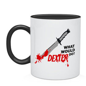 Кружка двухцветная с принтом what would Dexter do? в Новосибирске, керамика | объем — 330 мл, диаметр — 80 мм. Цветная ручка и кайма сверху, в некоторых цветах — вся внутренняя часть | dexter | декстер | сериал | тв | телевидение | что бы сделал декстер | я люблю декстера