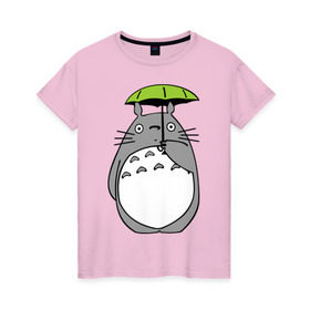 Женская футболка хлопок с принтом totoro с зонтом в Новосибирске, 100% хлопок | прямой крой, круглый вырез горловины, длина до линии бедер, слегка спущенное плечо | anime | totoro | аниме | кот totoro | тоторо