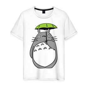 Мужская футболка хлопок с принтом totoro с зонтом в Новосибирске, 100% хлопок | прямой крой, круглый вырез горловины, длина до линии бедер, слегка спущенное плечо. | Тематика изображения на принте: anime | totoro | аниме | кот totoro | тоторо