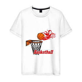 Мужская футболка хлопок с принтом Баскетбол (огненный мяч) в Новосибирске, 100% хлопок | прямой крой, круглый вырез горловины, длина до линии бедер, слегка спущенное плечо. | Тематика изображения на принте: basketball | nba | нба