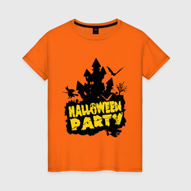 Женская футболка хлопок с принтом Halloween party-замок в Новосибирске, 100% хлопок | прямой крой, круглый вырез горловины, длина до линии бедер, слегка спущенное плечо | halloween | halloween party замок | party | замок | праздники | хэллоуин
