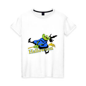 Женская футболка хлопок с принтом Бабка на метле в Новосибирске, 100% хлопок | прямой крой, круглый вырез горловины, длина до линии бедер, слегка спущенное плечо | halloveen | halloven | hallovin | halloween | hallowin | haloween | halowen | helloven | hellovin | helloween | hellowen | hellowin | helowen | helowin | халловин | халлуин | халовин | халу | хелловин | хеллоуин | хеллувин | хеловин | хелуин | хэлловин | 