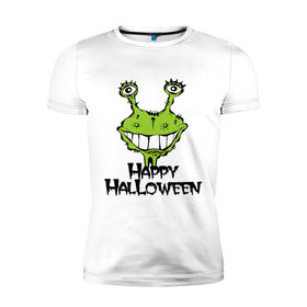 Мужская футболка премиум с принтом Happy Halloween -монстрик в Новосибирске, 92% хлопок, 8% лайкра | приталенный силуэт, круглый вырез ворота, длина до линии бедра, короткий рукав | hallowen | helloveen | день всех святых | хэллоуин | хэлоуин