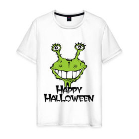 Мужская футболка хлопок с принтом Happy Halloween -монстрик в Новосибирске, 100% хлопок | прямой крой, круглый вырез горловины, длина до линии бедер, слегка спущенное плечо. | hallowen | helloveen | день всех святых | хэллоуин | хэлоуин