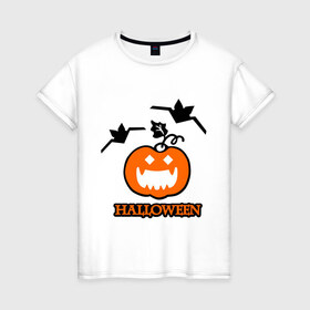 Женская футболка хлопок с принтом Тыква на хэллоуин в Новосибирске, 100% хлопок | прямой крой, круглый вырез горловины, длина до линии бедер, слегка спущенное плечо | halloveen | halloven | hallovin | haloween | halowen | helloven | hellovin | helloween | hellowen | hellowin | helowen | helowin | тыква | халловин | халлувин | халлуин | халовин | халуин | хелловин | хеллоуин | хеллувин | хеловин | хелуин | хэлловин | хэ