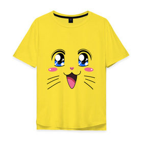 Мужская футболка хлопок Oversize с принтом Японская кошечка в Новосибирске, 100% хлопок | свободный крой, круглый ворот, “спинка” длиннее передней части | аниме | глаза | глазки | девушкам | киса | кот | коте | котенок | кошечка | кошка | милые создания | мордочка | японская кошечка