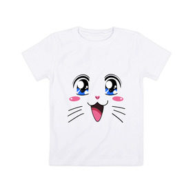 Детская футболка хлопок с принтом Японская кошечка в Новосибирске, 100% хлопок | круглый вырез горловины, полуприлегающий силуэт, длина до линии бедер | Тематика изображения на принте: аниме | глаза | глазки | девушкам | киса | кот | коте | котенок | кошечка | кошка | милые создания | мордочка | японская кошечка